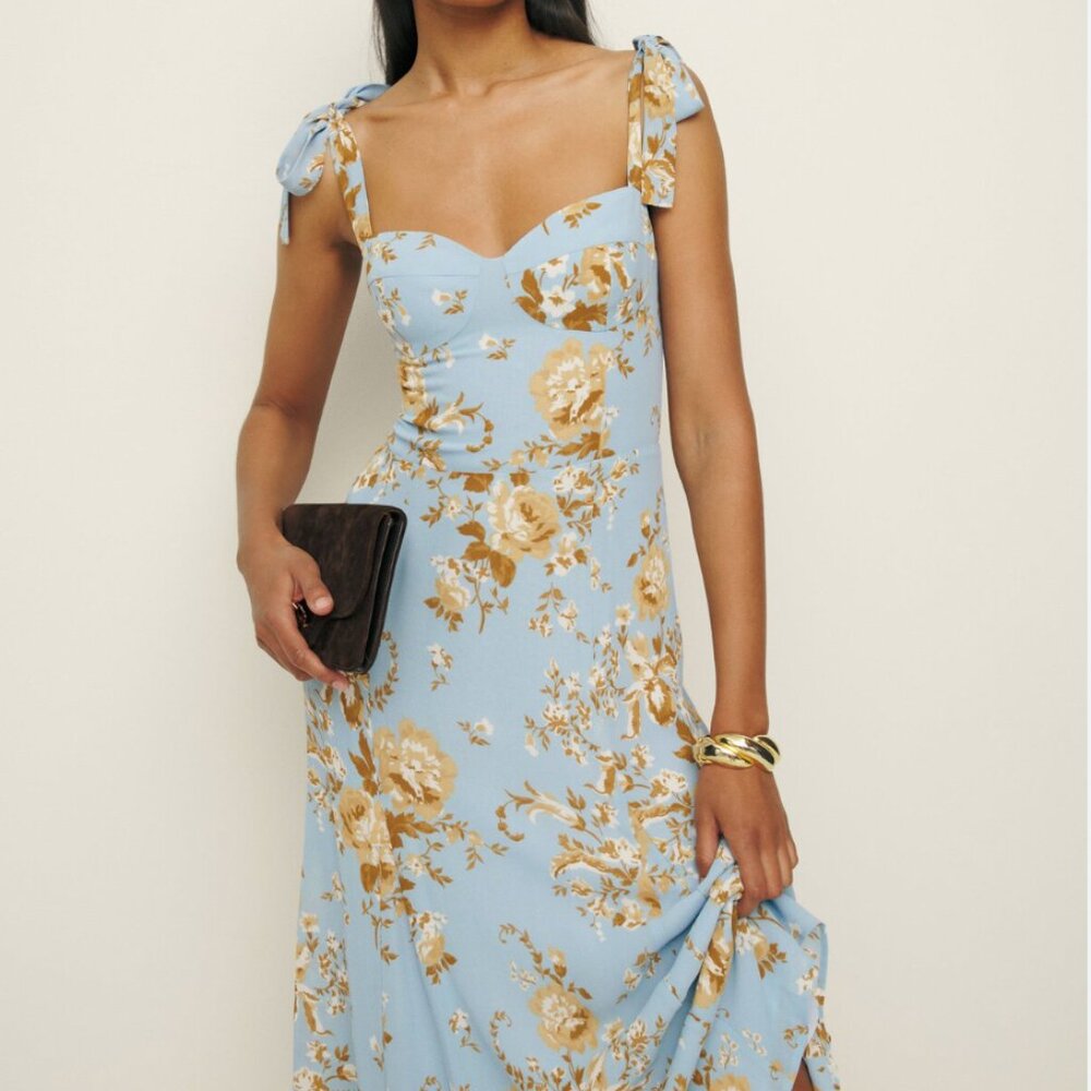 Reformation Blue and Gold Floral Midi Dress